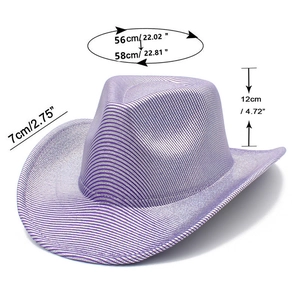 Detailed size chart for the colorful cowboy party hat with specific brim and crown dimensions