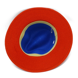 Detailed interior view of two-tone straw Panama hat showing red and blue weave pattern