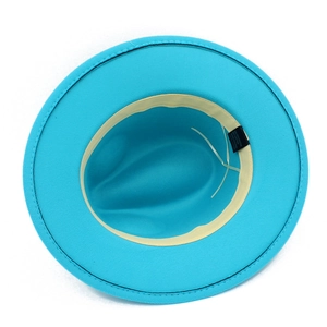 Detail of blue fedora interior showing soft 65% polyester blend fabric and adjustable drawstring