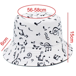 Detail view of white bucket hat dimensions showing brim width and musical note patterns
