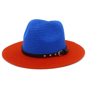 Two-tone blue and orange straw fedora hat with black leather band and metal rivets