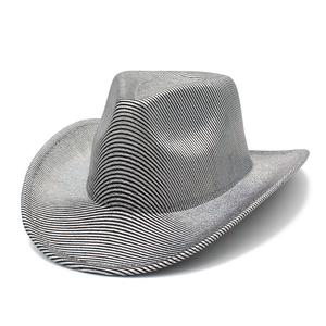 Detail of western cowboy hat with silver-black stripes and metallic luster finish