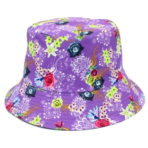 Detail of purple floral bucket hat with high-density stitching and glossy floral fabric