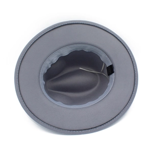 Detail of gray fedora hat interior with adjustable drawstring and quality lining fabric