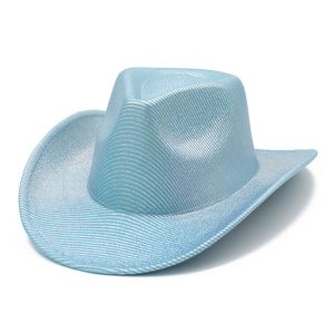 Detail of light blue cowboy hat with metallic wavy texture and curved brim for parties
