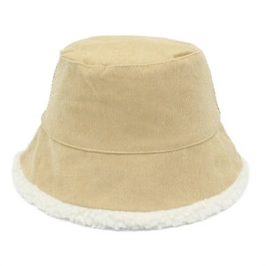 Gorro de pescador de pana caqui con ribete de lana de cordero para mujer