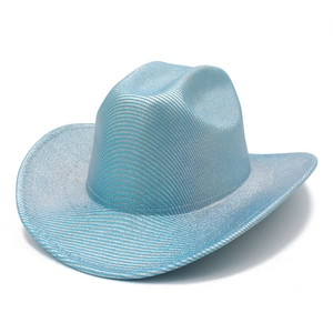 Close-up detail of light blue western cowboy hat with holographic glitter texture