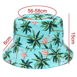 Detailed sizing chart for tropical flamingo bucket hat showing dimensions 56-58cm circumference