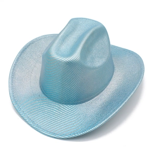 Chic iridescent disco cowboy hat with blue metallic woven texture for party outfits