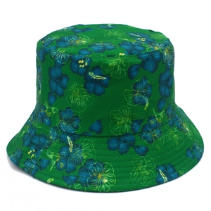 Floral print reversible sun hat in green with blue and yellow flower patterns