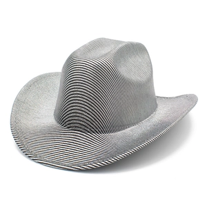 Close-up of silver and black striped cowboy hat with metallic textured weave finish