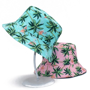 Outdoor sun protection bucket hat with tropical palm and flamingo print for women