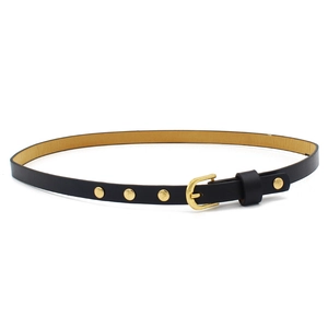 Detail view of slim black leather belt featuring golden round buckle and rivet studs