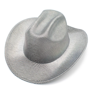 Metallic silver disco cowboy hat with black horizontal stripes and a wide curved brim