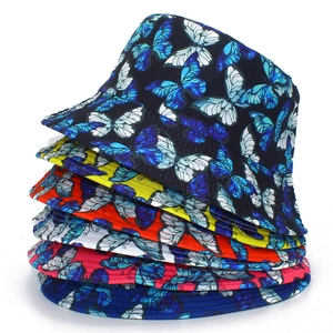 Women Colorful Butterfly Print Bucket Hat Cotton Double-Sided Sun Protection Outdoor Summer Beach Fisherman Sun Cap
