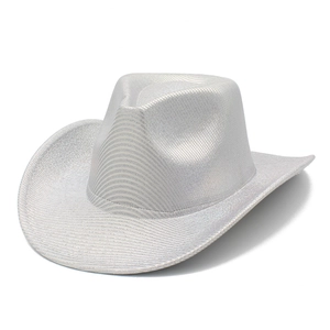 Macro detail of silver cowboy hat featuring fine woven texture and metallic glitter finish