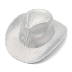 Sparkling silver western cowboy hat with a metallic finish and curved brim for parties