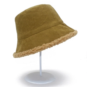 Sombrero bucket de invierno de pana amarillo mostaza para mujer con borde de borreguito