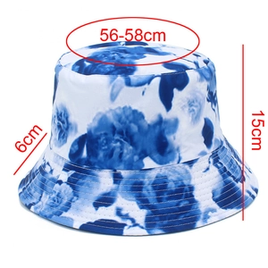 Detail view showing blue floral bucket hat dimensions: 56-58cm head size and 6cm brim width
