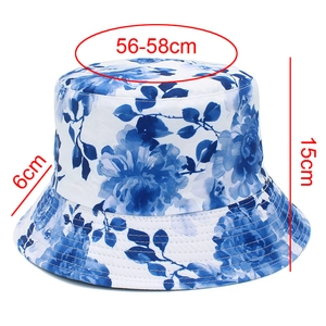 Detail showing dimensions of bucket hat with blue floral print, 56-58cm circumference