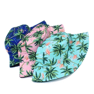 Women's foldable sun hats with tropical palm and flamingo prints in blue, pink and teal colors