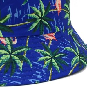 Detail of navy blue sun hat showing tropical flamingo print and reinforced brim stitching