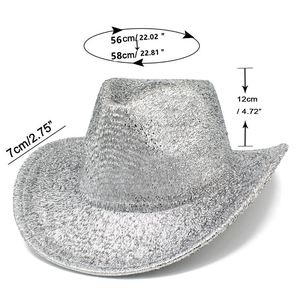 Detail view of silver sequin cowboy hat showing 56-58cm head size measurements