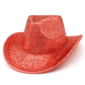 Detailed view of the sparkling red sequin texture on a classic western cowboy hat