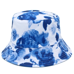 Detail view of the floral bucket hat showing reinforced stitching on the canvas brim