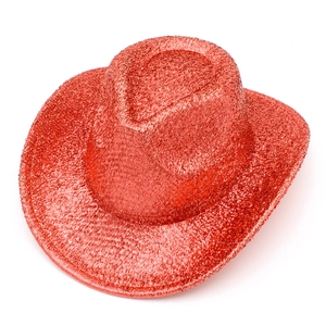 Detailed shot of sparkling red sequin cowboy hat with metallic glitter finish for parties