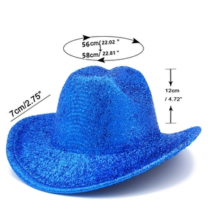 Detailed size chart for the blue sequined cowboy hat showing crown height and brim width