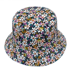 Detailed view of floral bucket hat featuring colorful patterns and multi-row brim stitching