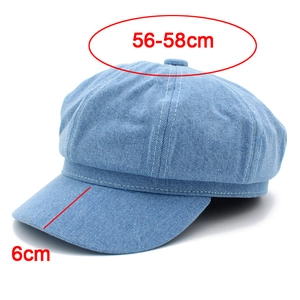 Size chart of light blue denim newsboy cap with 56-58cm circumference and 6cm brim