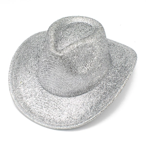 Detail shot of shimmering silver glitter cowboy hat with metallic texture for party