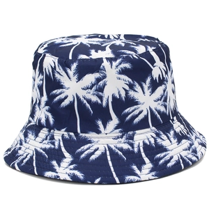 Reversible Coconut Tree Print Bucket Hat Summer Cotton Sun Protection Fisherman Cap For Beach Travel Women Men Outdoor