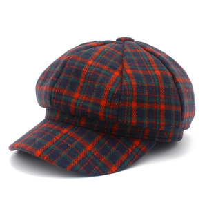 Gorra de vendedor de periódicos vintage a cuadros rojos, verdes y azules de lana