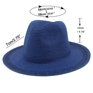 Detailed size specifications for the dark blue straw fedora with black serrated trim