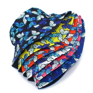 Colorful butterfly print bucket hats for women in multiple vibrant background colors