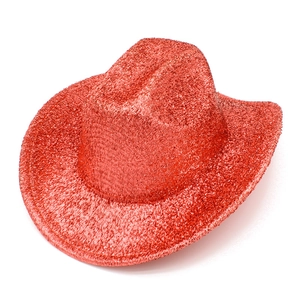 Detailed view of a red glitter cowboy hat for parties with a classic upturned brim design