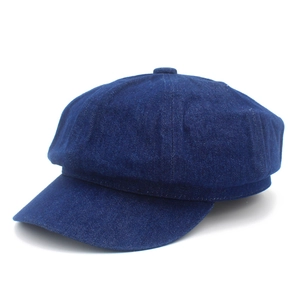 Classic dark blue denim newsboy cap with octagonal crown and short brim for casual wear