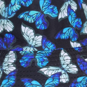 Detailed view of colorful butterfly patterns and neat stitching on a black bucket hat