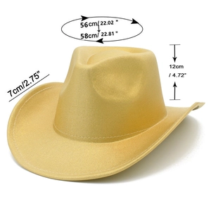 Detailed size specifications for a gold glitter cowboy hat with 7cm brim and 12cm height