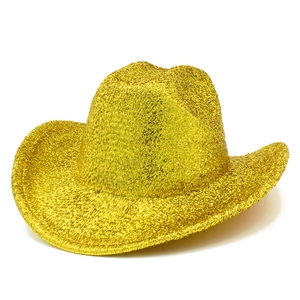 Detail shot of the gold sequined cowboy hat showing dense glitter texture and western style