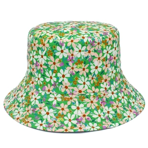 Green floral sun hat with daisy pattern, reversible Japanese style bucket hat for women