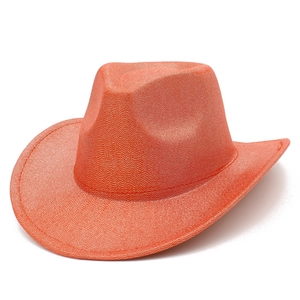 Detailed view of orange cowboy hat with shimmering texture and classic wide brim design