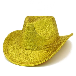 Detail of glittery gold cowboy hat with a textured sparkly finish and classic wide brim