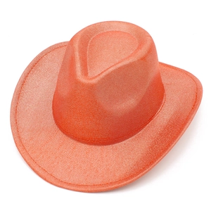 Top view of bright orange cowboy hat with textured finish and wide curved brim