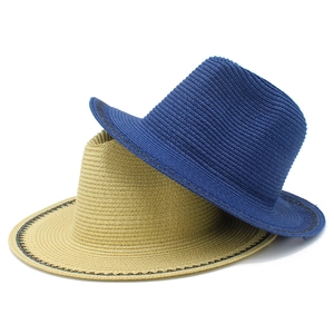 Elegant French straw sun hats for women in blue and beige with black woven lace trim