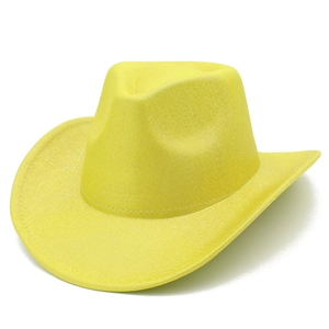 Macro shot of bright yellow cowboy hat showing dense grain texture and classic curved brim
