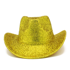 Detailed view of the sparkling gold sequin finish on this Western cowboy party hat